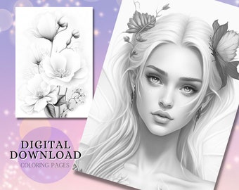 Grayscale Fairy Coloring Pages | Fantasy Flowers (PDF & JPG)