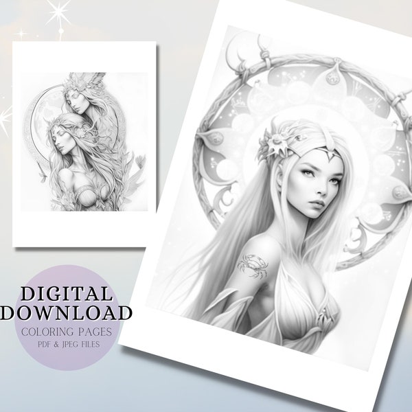 Zodiac Sign Gemini Coloring Page | Zodiac Sign Cancer Coloring Page | Black and White Coloring image Instant Download Printable file