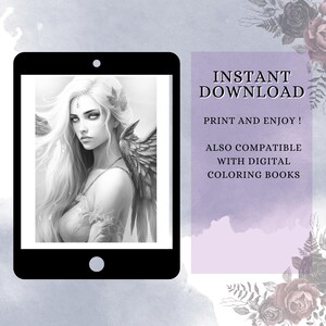 May include: Black and white digital coloring page featuring a woman with long hair and angel wings. The text "INSTANT DOWNLOAD PRINT AND ENJOY! ALSO COMPATIBLE WITH DIGITAL COLORING BOOKS" is displayed on a purple background.