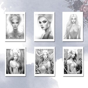 May include: Six black and white illustrations of women with long hair. Each illustration is framed in a white rectangle. The women are depicted in various poses, some with wings, some with flowers, and some with flowing hair.