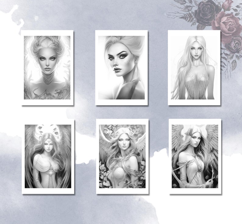 May include: Six black and white illustrations of women with long hair. Each illustration is framed in a white rectangle. The women are depicted in various poses, some with wings, some with flowers, and some with flowing hair.