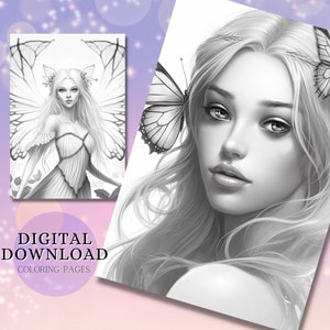 Beautiful Fairies | Grayscale Fairy Coloring | Fantasy Coloring Pages | Digital Download