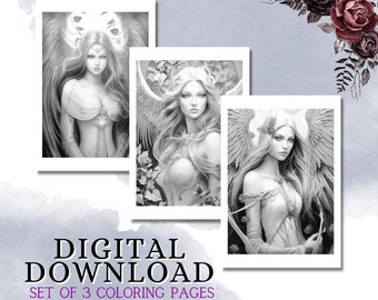 Gothic Angel Coloring Pages: Grayscale Portrait Art (Digital Download)