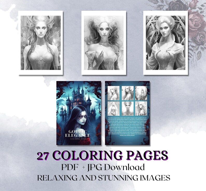 May include: A coloring book cover featuring a gothic castle with a woman in front of it. The title of the book is "Gothic Elegance Coloring Book". The cover also includes a sample of the coloring pages inside the book.