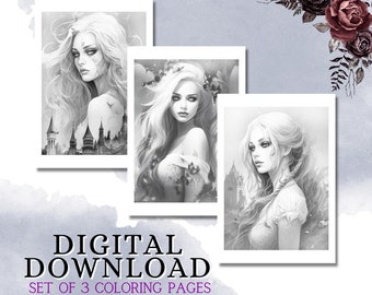 Gothic Portrait Coloring Pages: Dark Elegance Grayscale Art (Digital Download)