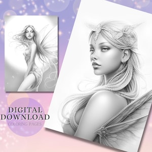 Beautiful Fairies | Grayscale Fairy Coloring | Fantasy Coloring Pages | Digital download