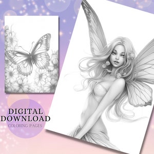 Beautiful Fairies | Grayscale Fairy Coloring | Fantasy Coloring Pages | Instant download PDF