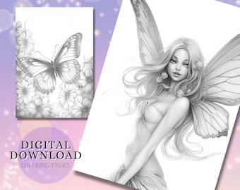 ファンタジー妖精のぬり絵 | グレースケール肖像画（PDF & JPG）