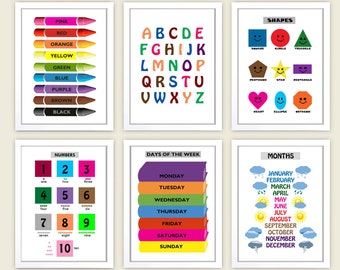 Educational Posters set, Wall Art, Kids Children's Nursery Set of 6 Prints, Alphabet, Numbers, Colours, Shapes , Classroom printable digital