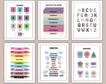 May include: Six colorful educational posters with white borders. The posters feature numbers 1-10, days of the week, the alphabet, colors, months of the year, and shapes.