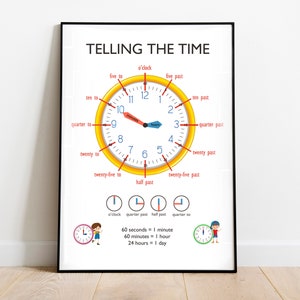 Sagen Sie die Zeit Poster, druckbare Wandkunst, lernen Sie, die Zeit zu sagen Ziffernblatt, pädagogisches Poster, Spielzimmer Klassenzimmer Dekor