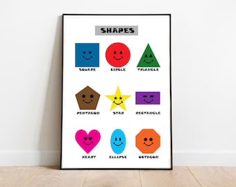 May include: A colorful educational chart with the word "SHAPES" at the top. It features nine different shapes, each with a smiley face and labeled with its name: square, circle, triangle, pentagon, star, rectangle, heart, ellipse, and octagon.