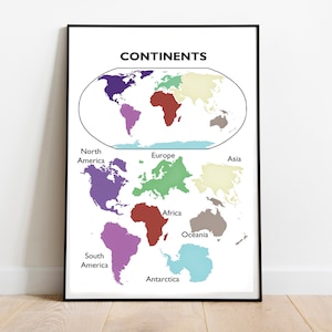 Educatieve wereldkaart poster voor kinderen, Continenten kinderkamer kunst aan de muur print, homeschool kids boho decor, Kinderen klaslokaal