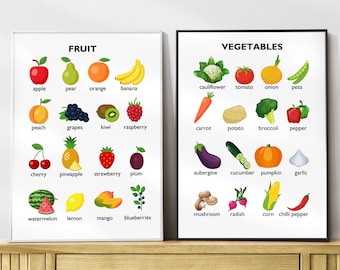 Fruit Vegetables Educational Prints, Classroom Printable, Learning Posters, Kids Room Wall Art, Home School  Printable gift