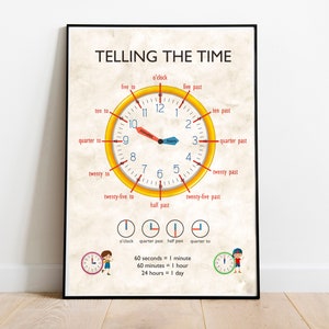 Sagen Sie die Zeit Poster, druckbare Wandkunst, lernen Sie, die Zeit zu sagen, Boho-Zifferblatt, pädagogisches Poster, Spielzimmer-Klassenzimmer-Dekor