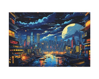 Cyberpunk Metropolis Canvas - Ukiyo-e Style Art, Neon Lights Royal Blue Gold Ivory
