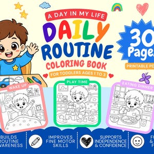 Pode incluir: Um livro de colorir infantil intitulado "Daily Routine Coloring Book" para crianças de 1 a 3 anos. A capa apresenta um menino de desenho animado com lápis de cor e ilustrações de atividades diárias. Inclui 30 páginas e promove as habilidades motoras finas.