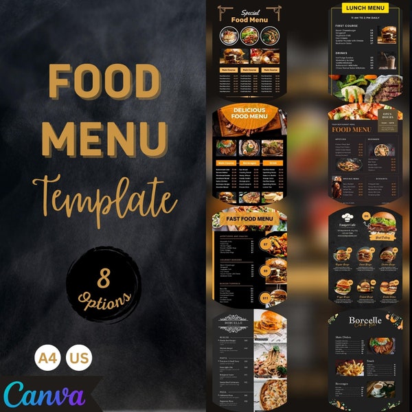 Food Menu Template | Restaurant Editable Menu | PDF Instant Download | Food Canva Editable Menu | l Food Menu Canva Template Printable