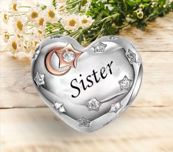 Genuine 925 Sterling Silver Sparkly Sister Heart Charm Bead for