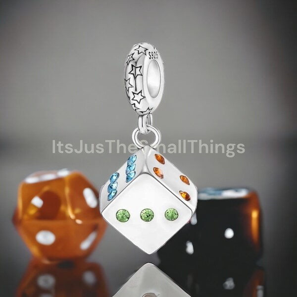 Genuine 925 Sterling Silver & Cubic Zirconia Dice Game Charm Bead for European Bracelets Fits Pandora