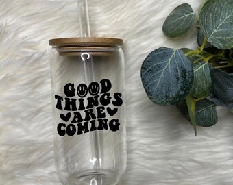 Le cose buone stanno arrivando vetro / Libbey vetro / lattina di vetro / Bicchiere di birra / Tazza di positività / Tazza di caffè freddo / Tazza di caffè