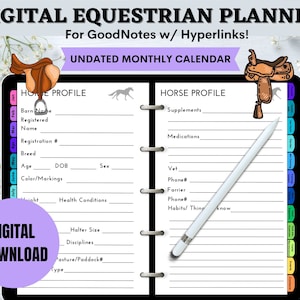 Peut inclure: Un planificateur équestre numérique pour GoodNotes avec des hyperliens. Le planificateur comprend un calendrier mensuel non daté et une page de profil de cheval avec des sections pour le nom de l'écurie, le nom enregistré, le numéro d'enregistrement, la race, l'âge, la date de naissance, le sexe, la couleur et les marques, les conditions de santé, la taille du licol, les disciplines et le numéro du pâturage ou du paddock. Le planificateur comprend également une section pour les soins du cheval, y compris les suppléments, les médicaments, les informations sur le vétérinaire, les informations sur le maréchal-ferrant et les habitudes ou les choses à savoir.