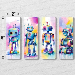 May include: Set of three watercolor bookmarks featuring colorful robots. Each bookmark is 2 inches wide and 6 inches tall.