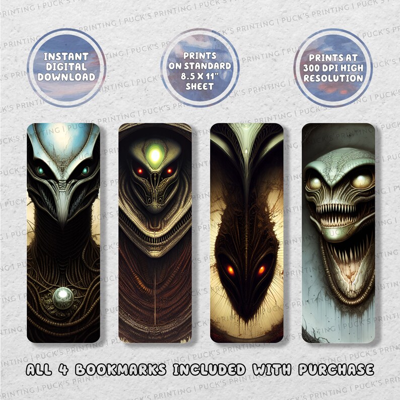 Horror Aliens Printable Bookmark Set of 4 Printable - Etsy