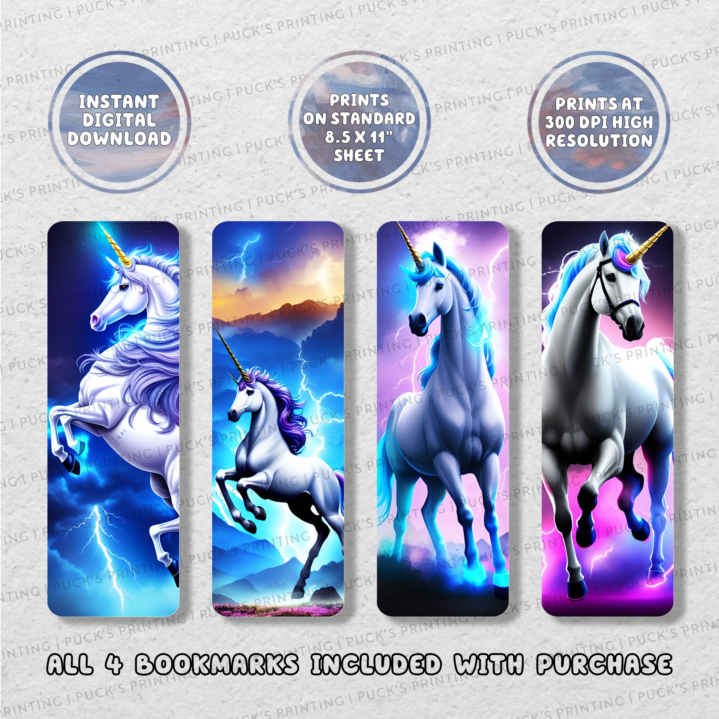 Majestic Unicorns &amp; Lightning Printable Bookmark Set of 4 Printable ...