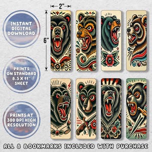 Traditional Tattoo Bears Printable Bookmark Set | Printable Bookmarks | Instant Download | Digital Download |