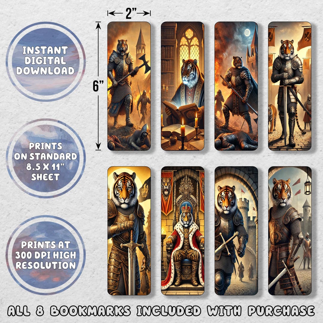 Medieval Tigers Printable Bookmark Set | Printable Bookmarks | Instant ...