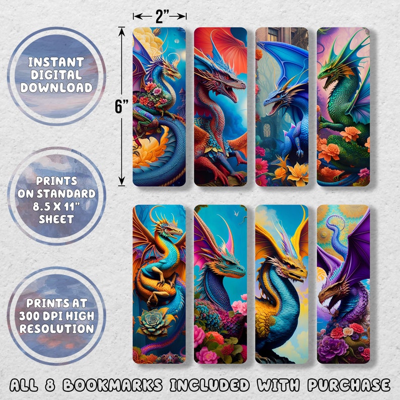 Floral-style Dragon Printable Bookmark Set Printable Bookmarks Instant ...