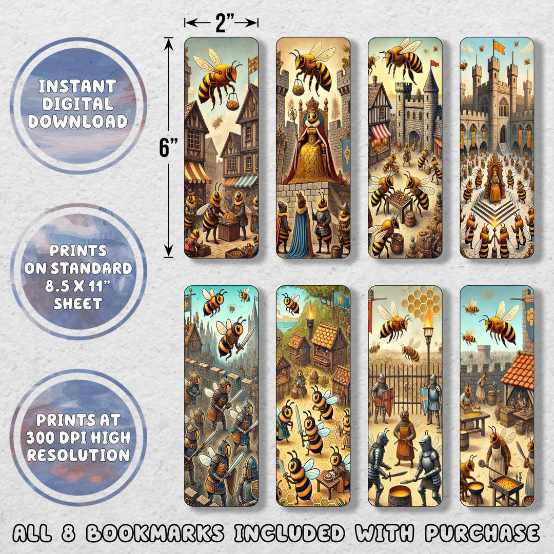 Medieval Bees Printable Bookmark Set | Printable Bookmarks | Instant ...