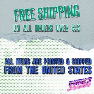 May include: A graphic with a teal green background and white polka dots. The text "FREE SHIPPING ON ALL ORDERS OVER $35" is in teal green. The text "ALL ITEMS ARE PRINTED & SHIPPED FROM THE UNITED STATES" is in blue. The text "PUEY'S Printing" is in purple with a white outline.