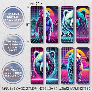 Puede incluir: Juego de ocho marcadores digitales, cada uno de 5 cm de ancho y 15 cm de alto, con ilustraciones de osos de neón vibrantes en un estilo retro-futurista. Los marcadores tienen un fondo de cuadrícula con el texto "Descarga digital instantánea".