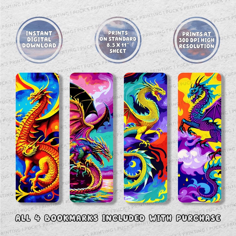 Comic Book Style Dragon Printable Bookmark Set of 4 Printable Bookmarks ...