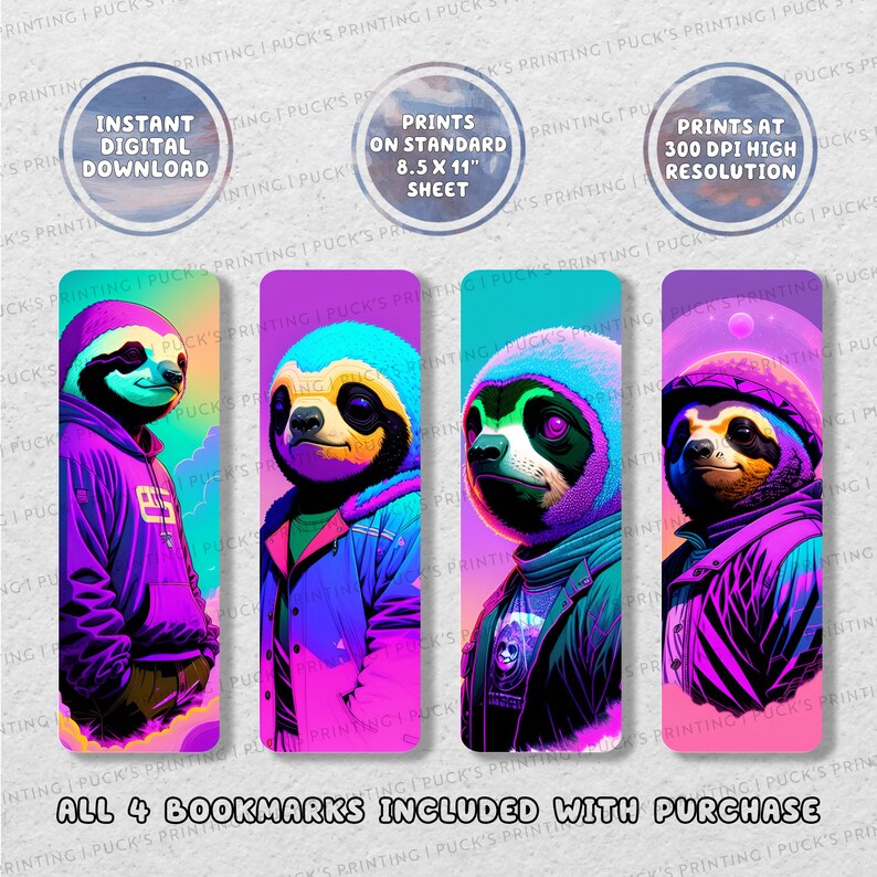 Vaporwave Sloths Printable Bookmark Set of 4 Printable - Etsy