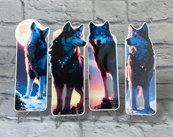 Marcadores de lobo / Juego de 4 marcadores troquelados laminados / Regalo para amantes de los animales /