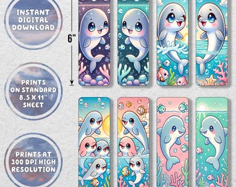Kawaii Dolphins Printable Bookmark Set | Printable Bookmarks | Instant Download | Digital Download |