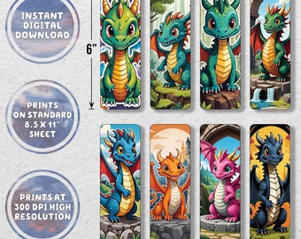 Kids Cartoon Dragons Printable Bookmark Set | Printable Bookmarks | Instant Download | Digital Download |