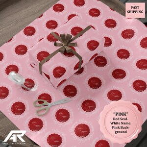 Papel de embrulho ilustrado com desenho de selo de cera personalizável, embrulho de presente de Natal, presente vintage personalizado e exclusivo para sua mãe rosa vermelha