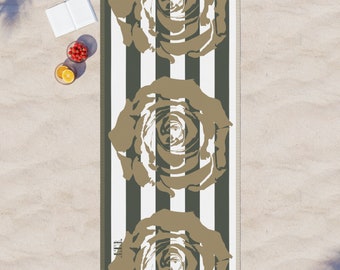 Beach Towel, Outdoor Throw Blanket, Life Cabana Army Stripe. With Abstract Roses Green and White. Luxury Beach Blankets. Turkish Towel.