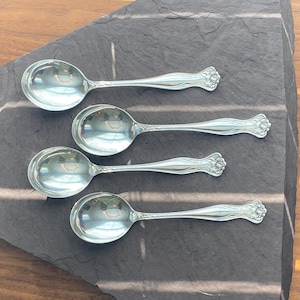 Star Roger&#39;s Bro A1 MYSTIC 1903 Antique Silverplate Set of 4 Gumbo or Bouillon Large Soup Spoons Nice Vintage Conditon No Mono