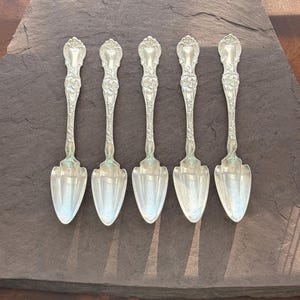 Puede incluir: Cinco cucharas de plata con diseños florales ornamentados en los mangos y un cuenco en forma de lágrima. Las cucharas están dispuestas en fila sobre una superficie gris oscuro, proyectando sombras. Las cucharas son probablemente para servir o postre.