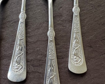 1847 Rogers Bro ARCADIAN 1884 Multiple Motif Antique Set of 5 Silverplate Dinner Forks Mythological Man Dancing With Flowers Toga No Mono