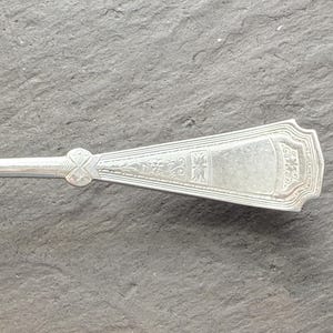 May include: Close-up of a silver spoon with ornate floral and geometric patterns. The spoon's handle has a decorative design, and the spoon's bowl has a rectangular shape with a detailed border. The spoon is likely vintage or antique.