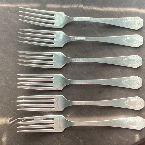 1847 Rogers Bros XS Triple HERALDIC 1916 Set of 6 Antique Silverplate Dinner Forks Vintage Tableware for Collectors No Mono