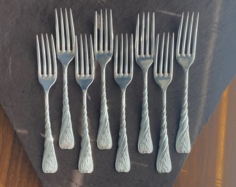 Antico set di 8 forchette da tavola in argento placcato Reed & Barton LE LOUVRE 1888 con motivo floreale e a spirale semplice, raro ritrovamento, senza monocromia