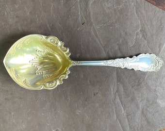 Rogers and Hamilton ALDINE 1895 Silverplate Gold Gilded Plated Bowl for Berry Casserole Serving Spoon Ornate Wedding Gift for Bride or Groom