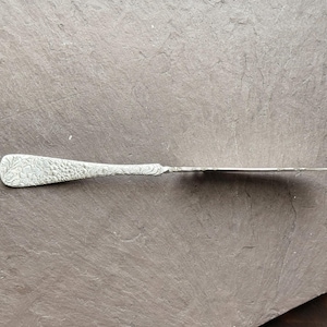 以下が含まれることがあります： ハンドルに詳細な花柄模様が施された銀色のバターナイフ。 刃は薄くて平らです。 ナイフは、グレーの質感のある表面に置かれています。